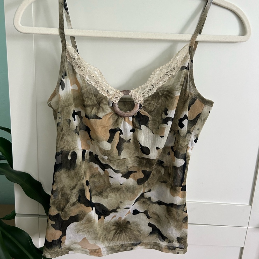 GERMAN THRIFTED CAMO LACEY SHEER TOP